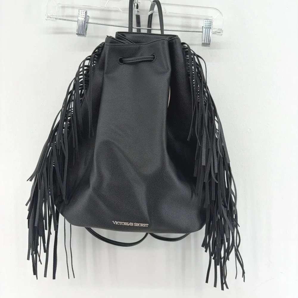 Victorias Secret Black Fringe Bucket Backpack Faux Leather NEW Boho Western Chic